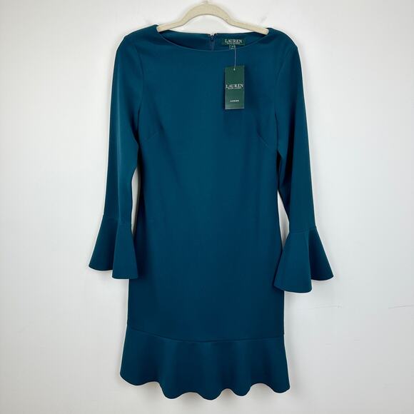 Lauren Ralph Lauren Crepe Long Sleeve Dress Mini Ruffle Cocktail Blue US 4 NWT - Picture 1 of 9